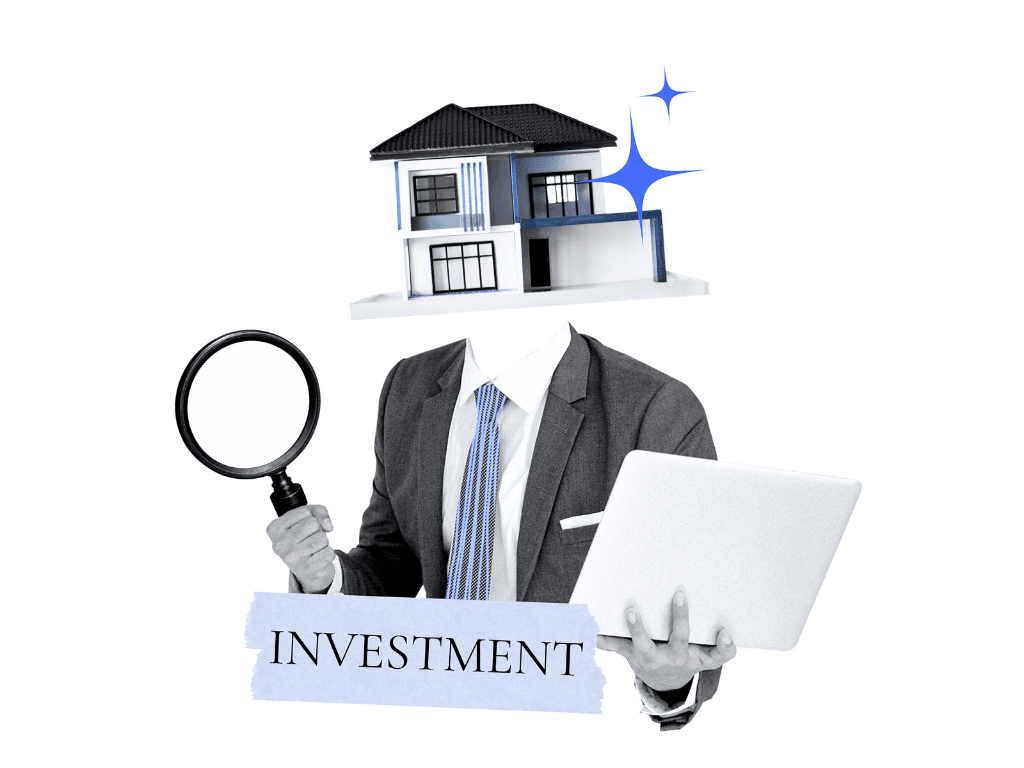 Real estate investor with house model for head, holding magnifying glass and laptop, symbolizing data-driven real estate investing and property analysis in the US