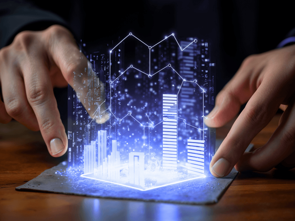 Hands interacting with a holographic 3D bar chart projection of real estate analytics rising from a tablet.