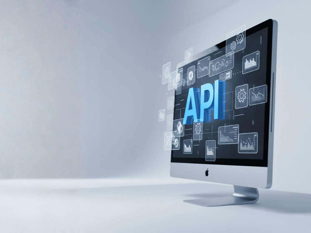 Computer monitor displaying API integration dashboard with property valuation data, analytics charts, and real estate technology interface