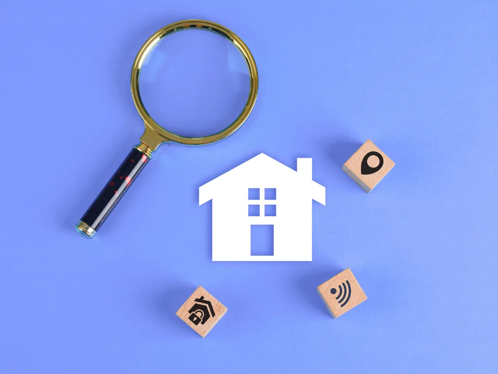 Flat lay of a magnifying glass, house, and data blocks representing a smart, detailed investment property analysis.