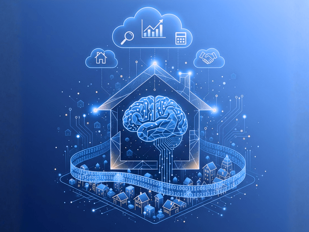 Blue digital illustration of AI-powered brain inside a house surrounded by houses, symbolizing artificial intelligence in real estate analysis and data integration