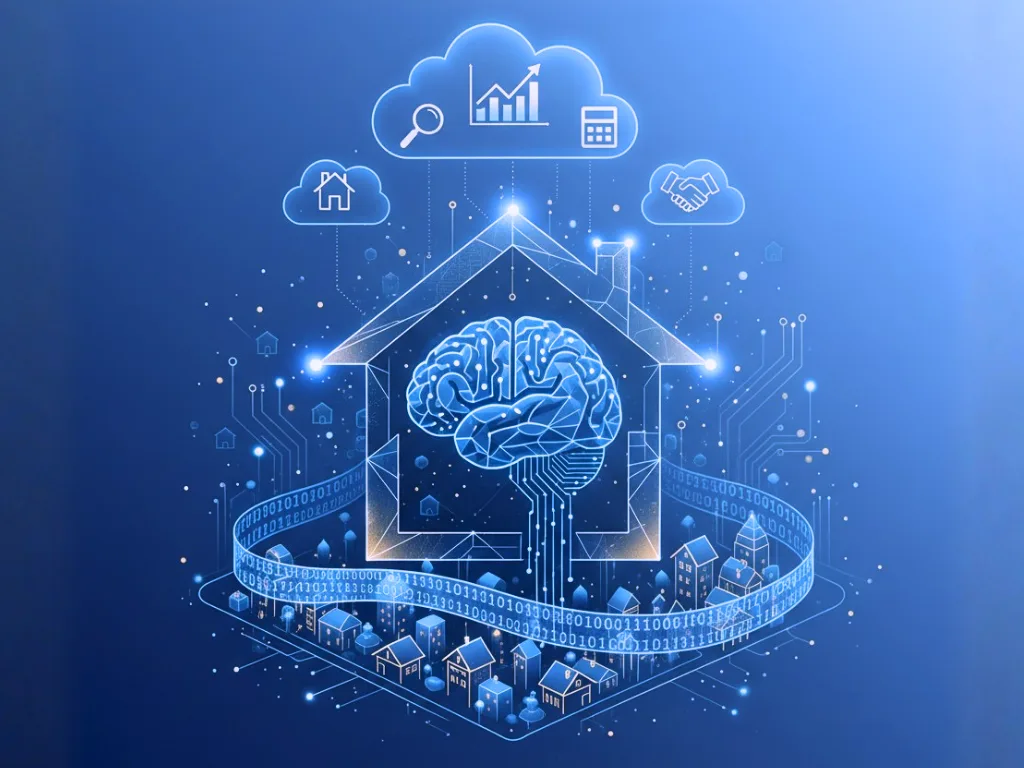 Illustration of an AI brain inside a house, symbolising artificial intelligence in real estate analysis