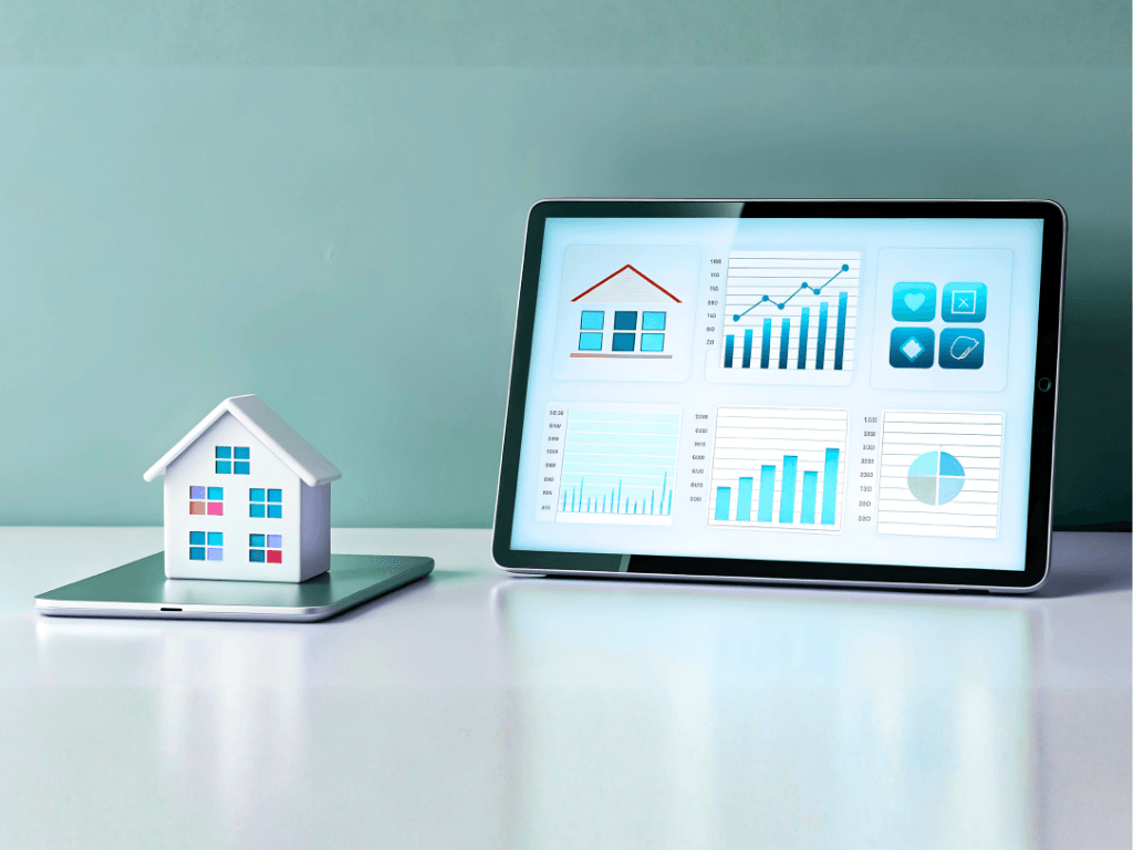 Tablet screen displaying minimalist 3D real estate analytics icons, charts, and graphs next to a small white house model.
