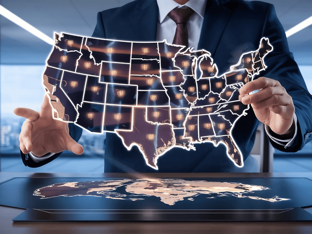Digital map of United States showing real estate property data points across all states for AI-powered valuation analysis