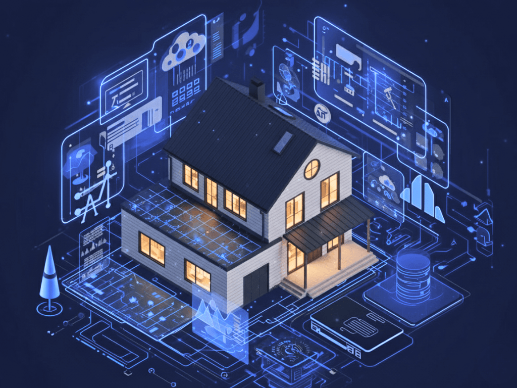 AI in real estate concept showing a connected smart home and surrounding data visualizations for property analysis and market insights
