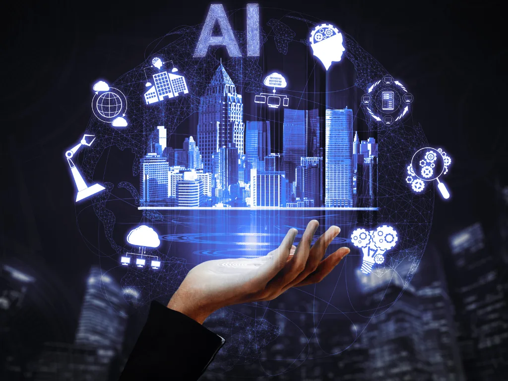 Hand presenting digital city skyline with AI technology icons, representing property ARV calculation using AI for real estate investors in the US