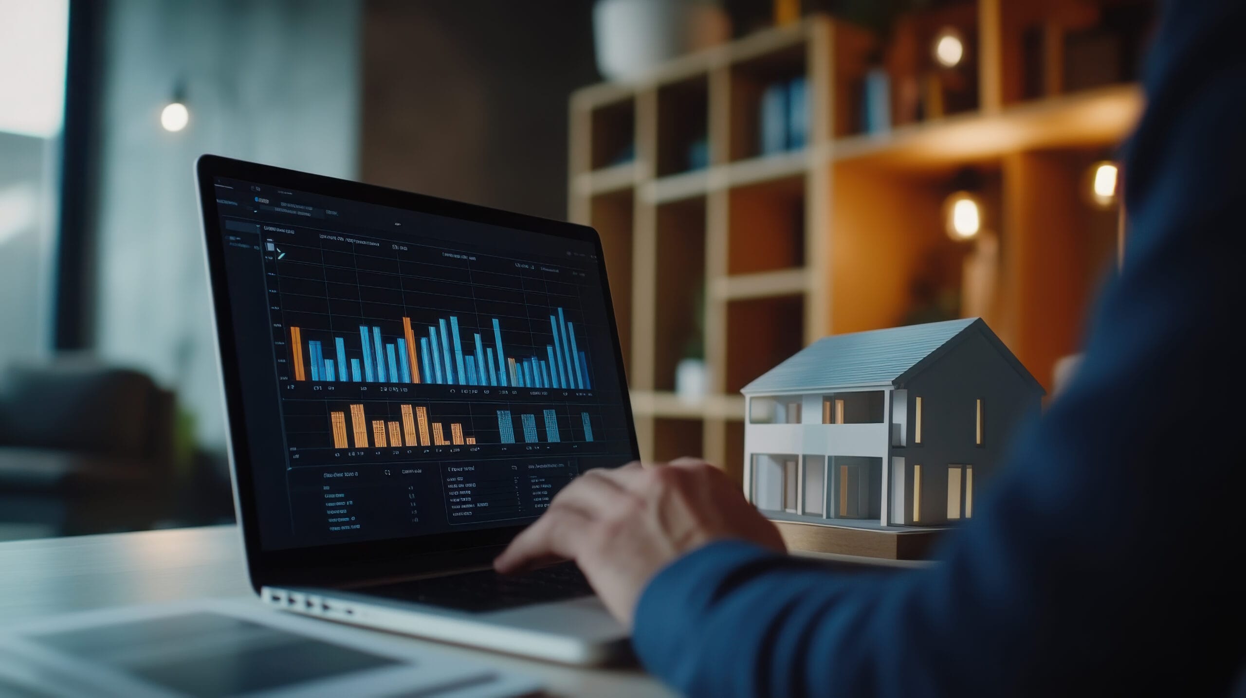 Real estate investor analyzing AI-powered CMA, property analytics dashboard with market data and house model