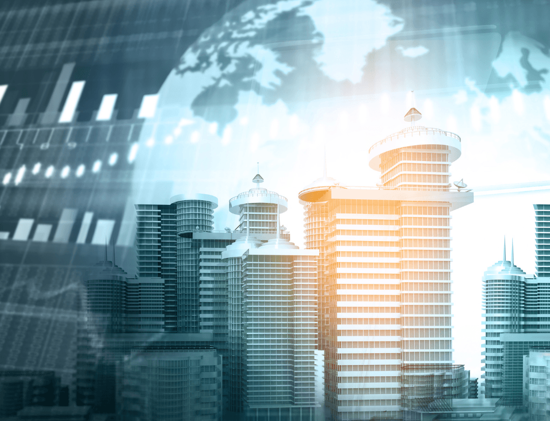 Emerging neighborhoods with modern real estate development and AI analytics overlay