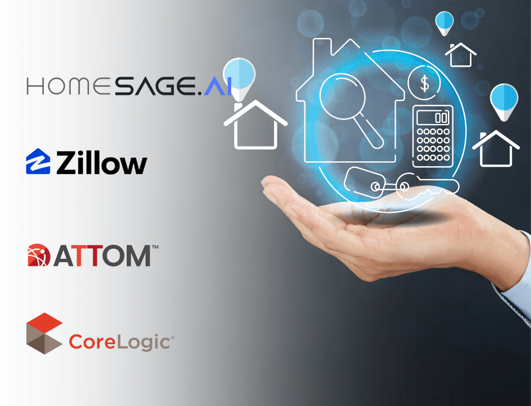 Logos of Homesage.ai, Zillow, ATTOM and CoreLogic next to a digital house icon hovering above a businessperson’s hand
