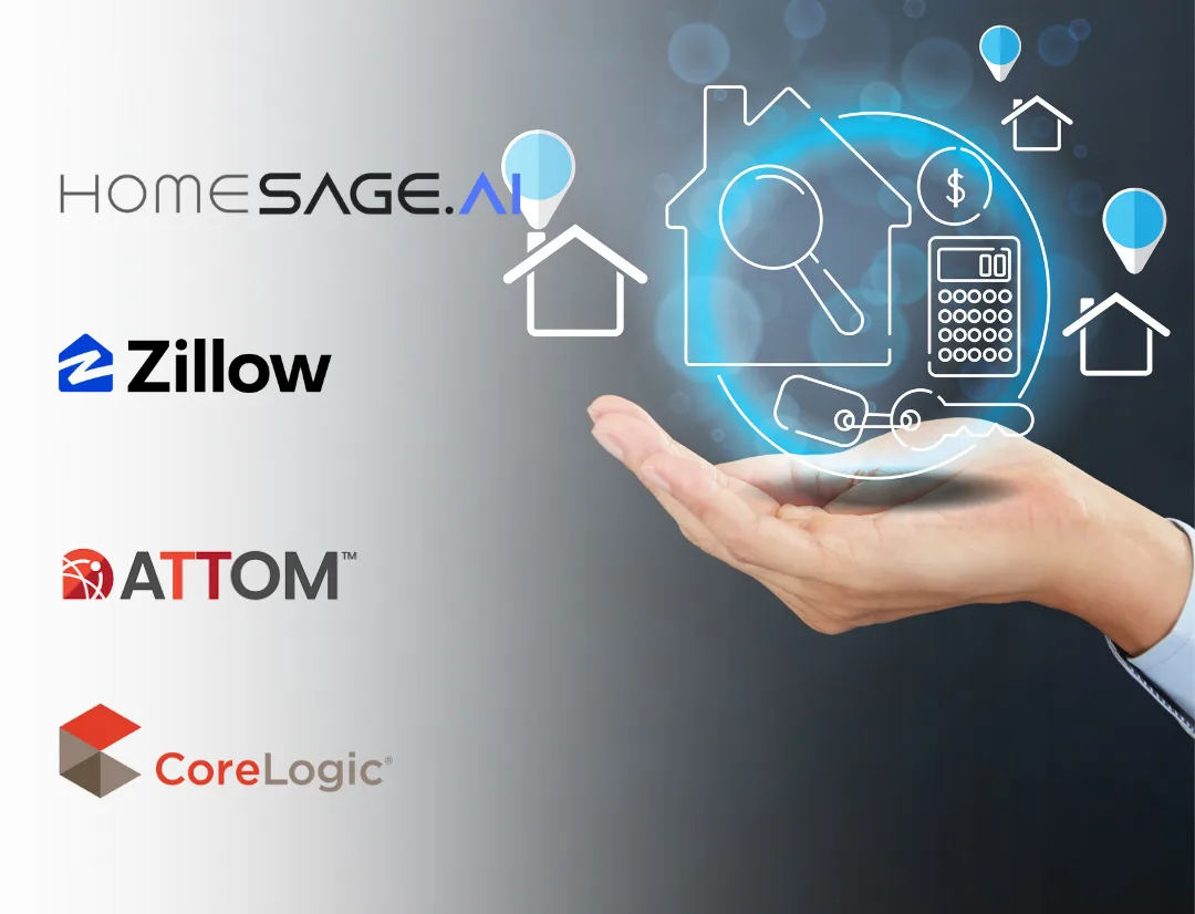 Logos of Homesage.ai, Zillow, ATTOM and CoreLogic next to a digital house icon hovering above a businessperson’s hand