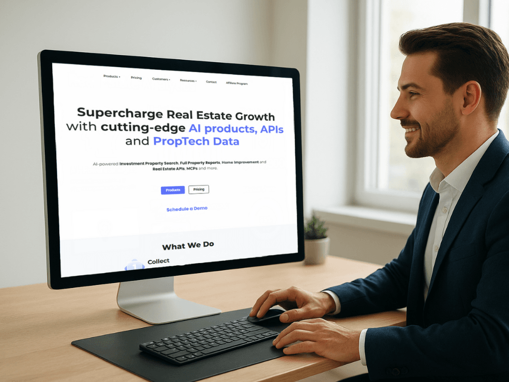 6 Best AI Real Estate Analytics Tools 2 A realtor sitting at a desk using a computer displaying a website promoting Real Estate Analytics Tools