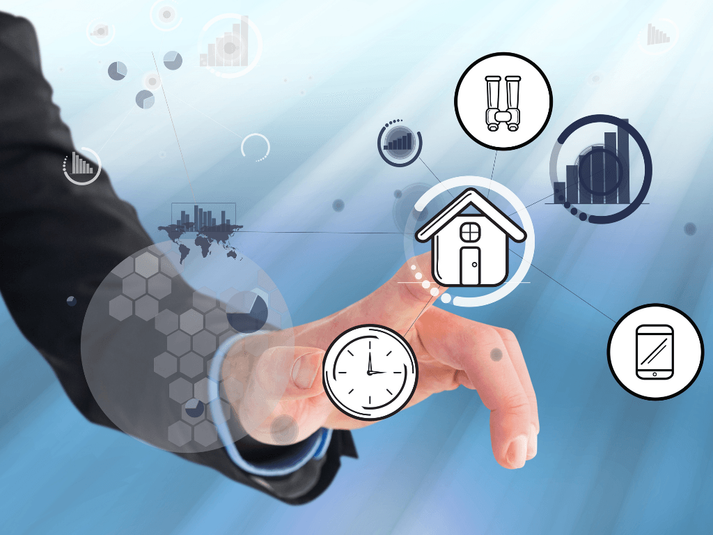 Businessman touching a virtual interface with a house icon and financial technology symbols on a blue digital background.