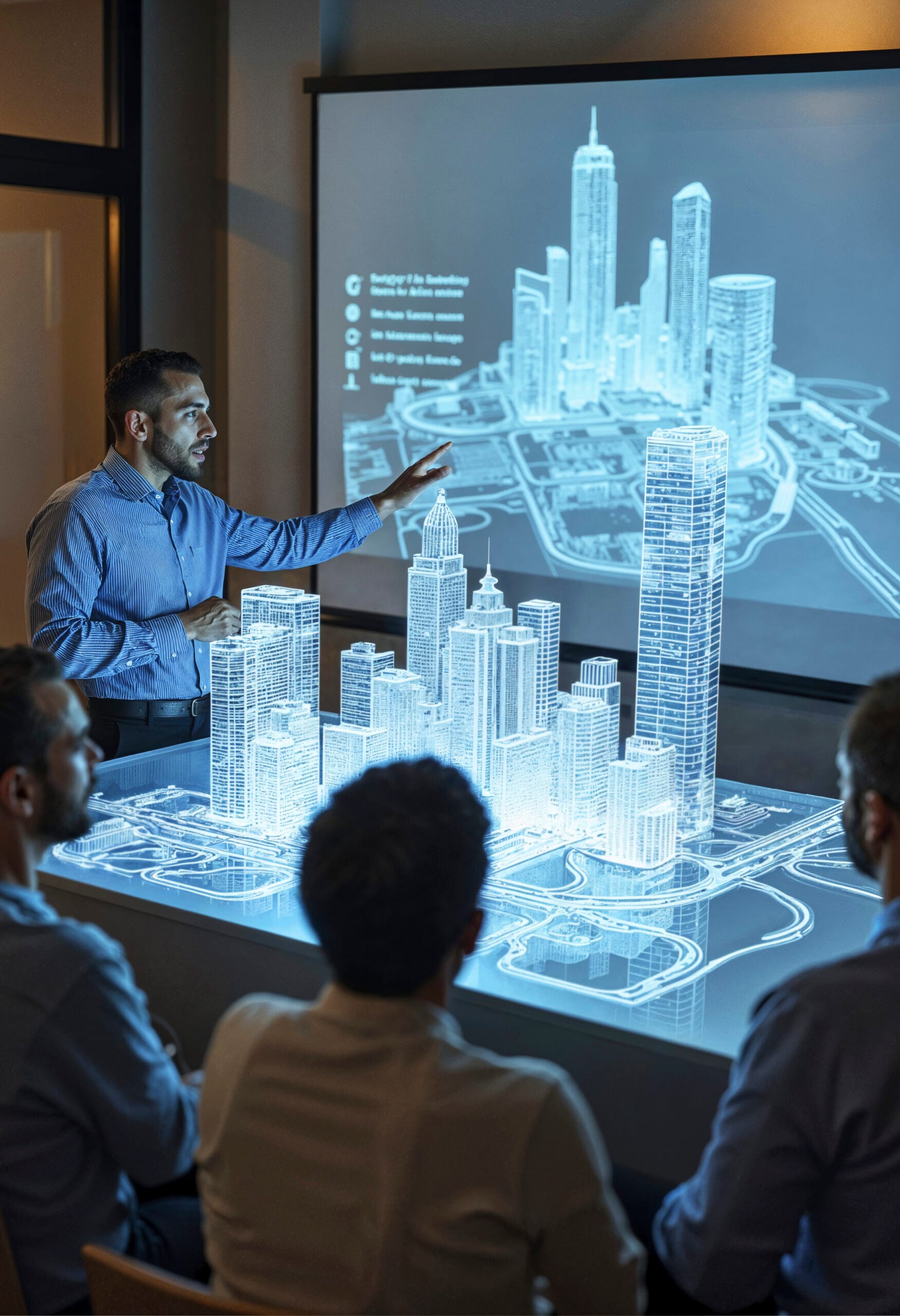 Professional presenting AI-powered real estate investing analysis using 3D property visualization technology
