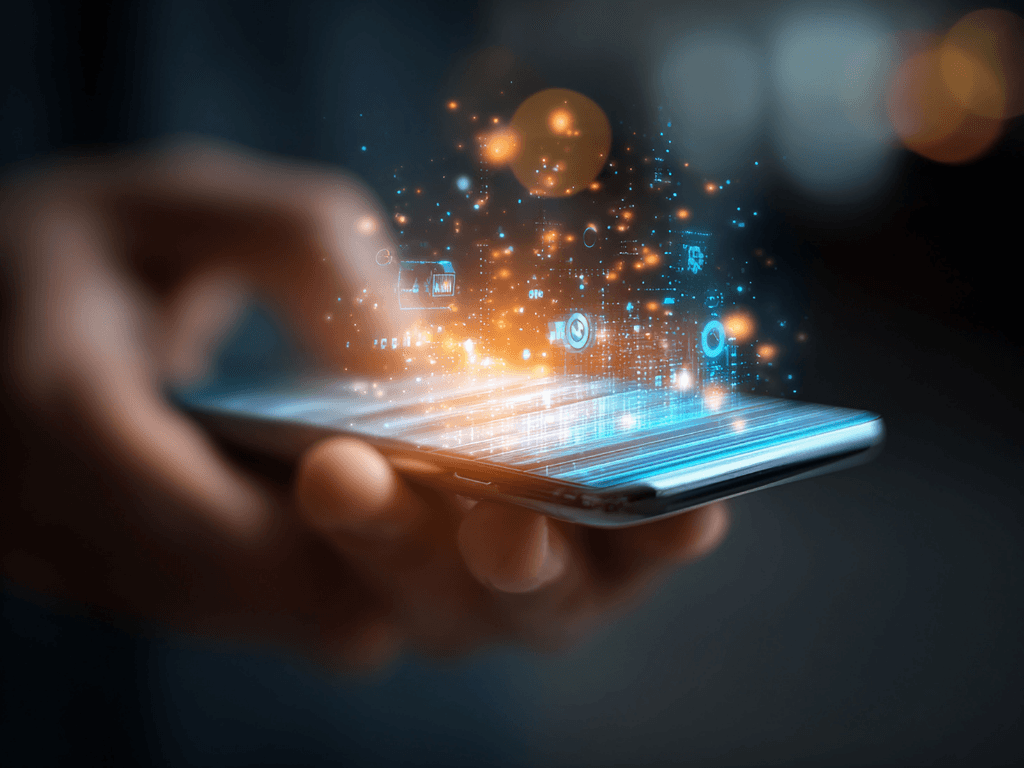 Hand holding smartphone displaying a modern real estate app with AI-powered property data, analytics icons, and cloud connectivity features