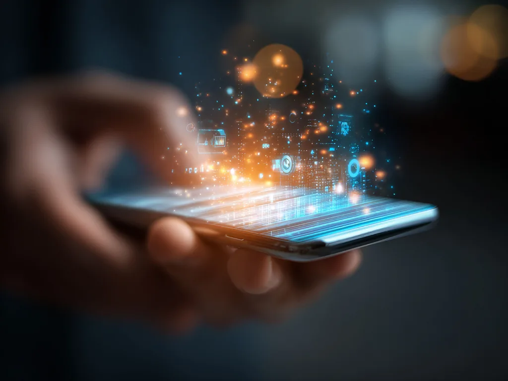 Hand holding smartphone displaying a modern real estate app with AI-powered property data, analytics icons, and cloud connectivity features