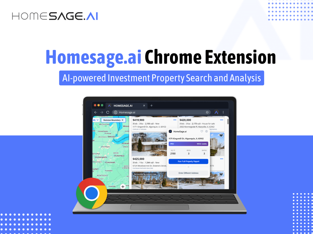 DealFinder: AI Chrome Extension for Investors 2 DealFinder by Homesage.ai Chrome Extension displaying AI-powered investment property reports on a laptop browser