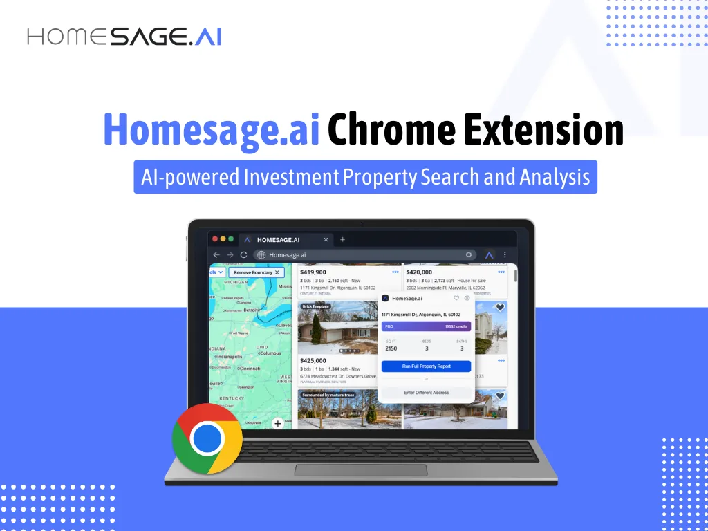 DealFinder by Homesage.ai Chrome Extension displaying AI-powered investment property reports on a laptop browser