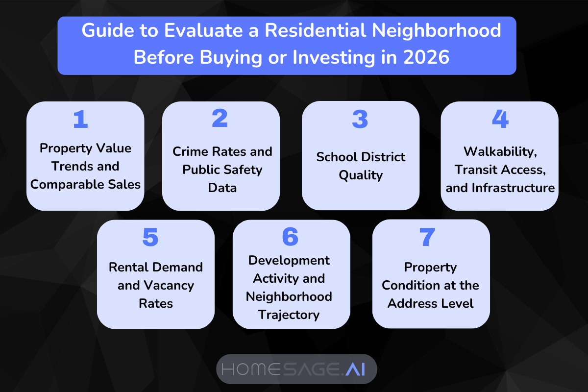 Infographic showing 7 factors to evaluate before buying or investing in 2026