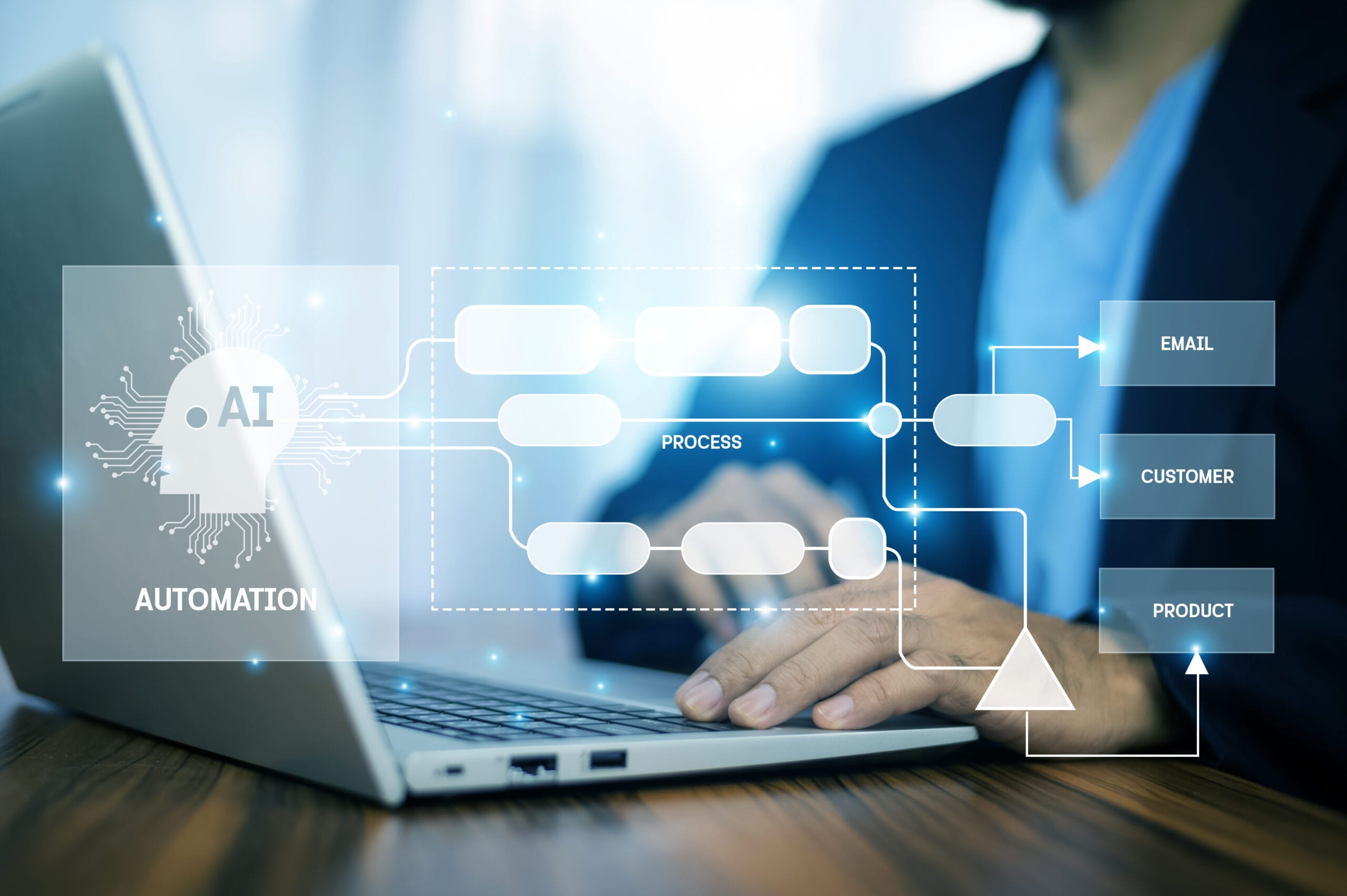 AI automation workflow diagram showing process integration on laptop screen
