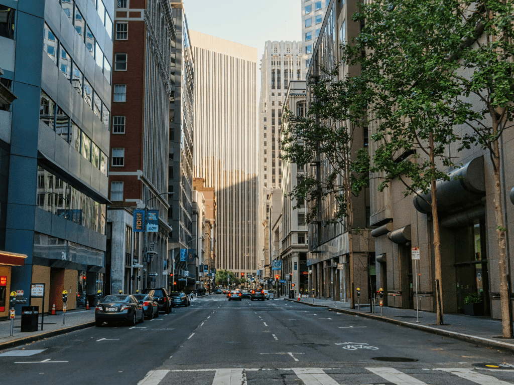 Urban street with buildings showing walkability and transit access in a US city
