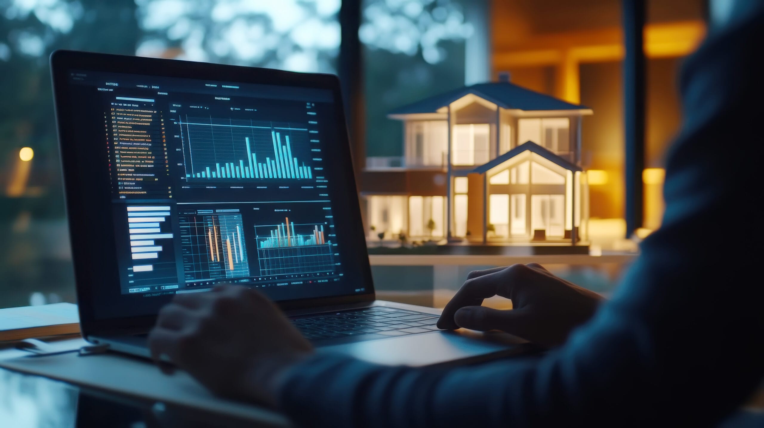 Real estate investor reviewing property valuation data and analytics on laptop