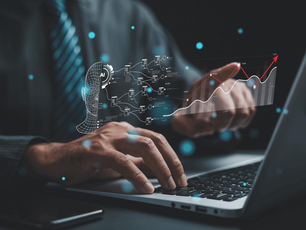 Real estate investor analyzing AI-powered property data and market trends on a laptop
