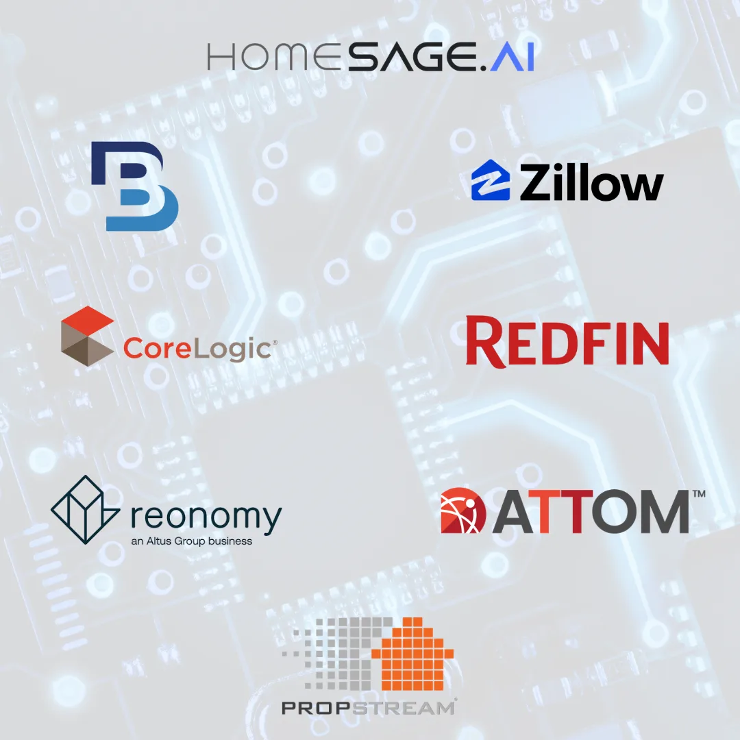 Logos of 8 real estate technology companies including Homesage.ai, Zillow, Redfin, CoreLogic, ATTOM, Reonomy, PropStream, and BatchLeads