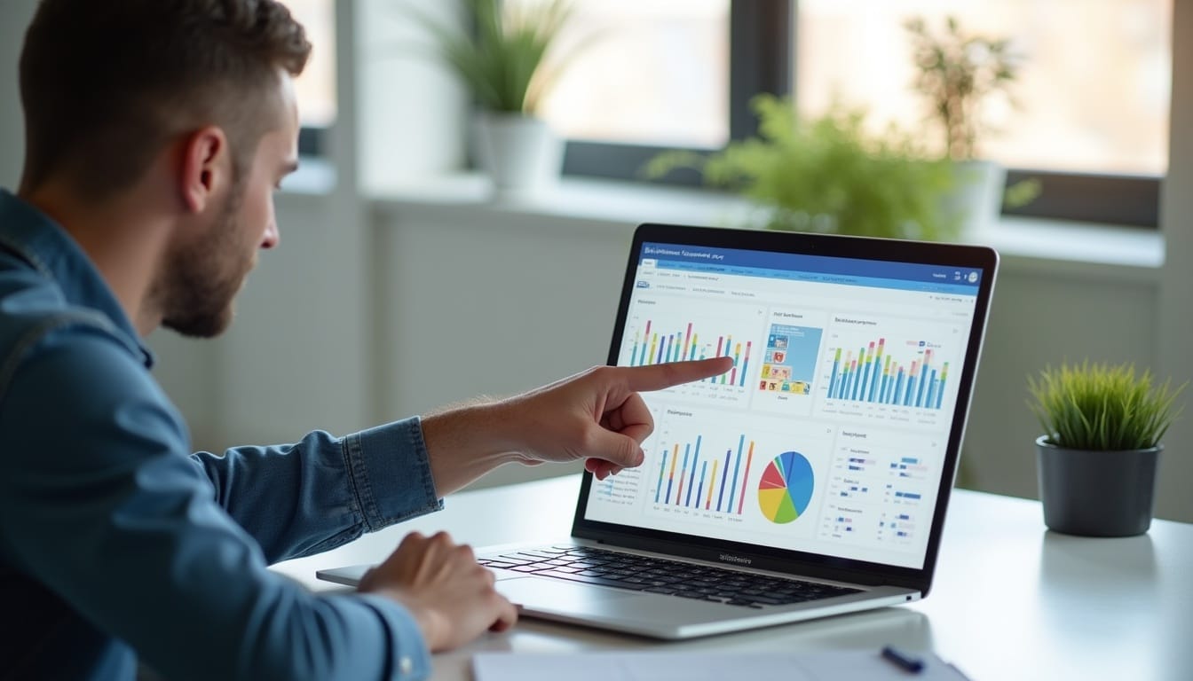 Professionals reviewing ROI metrics and KPI dashboard in modern office