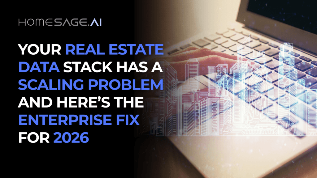 real estate data stack — developer hands on laptop with digital building data overlay