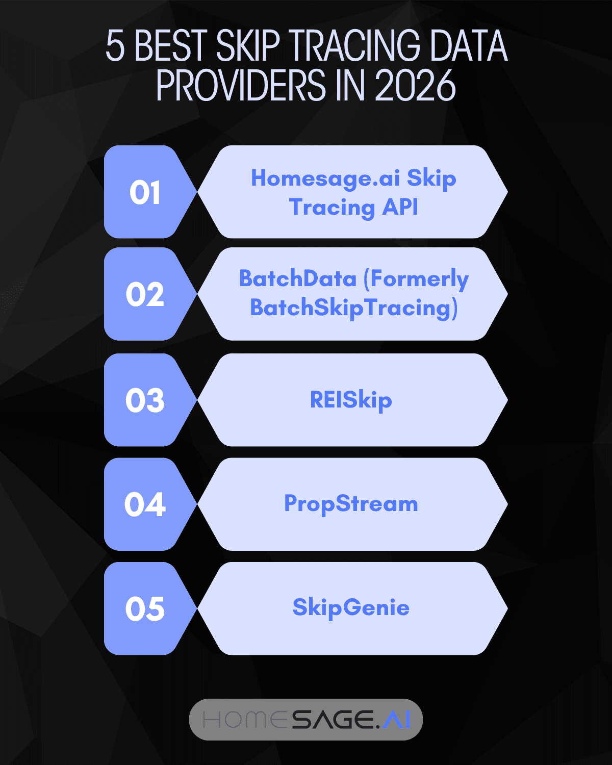 ranked list of top skip tracing providers for real estate investors including HomeSage.ai, BatchData, REISkip, PropStream, and SkipGenie