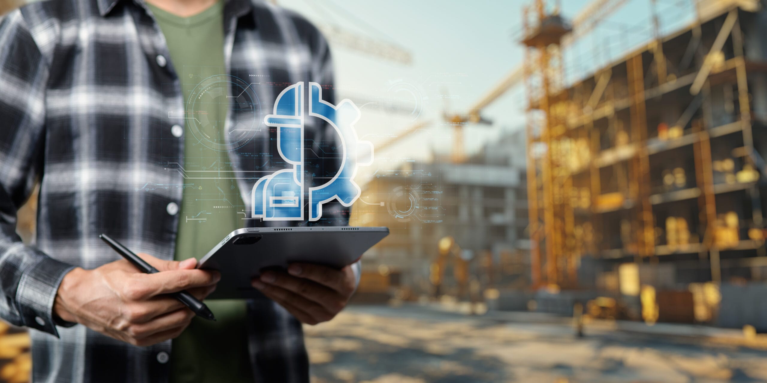 Contractor using AI-powered renovation cost calculator on tablet at construction site