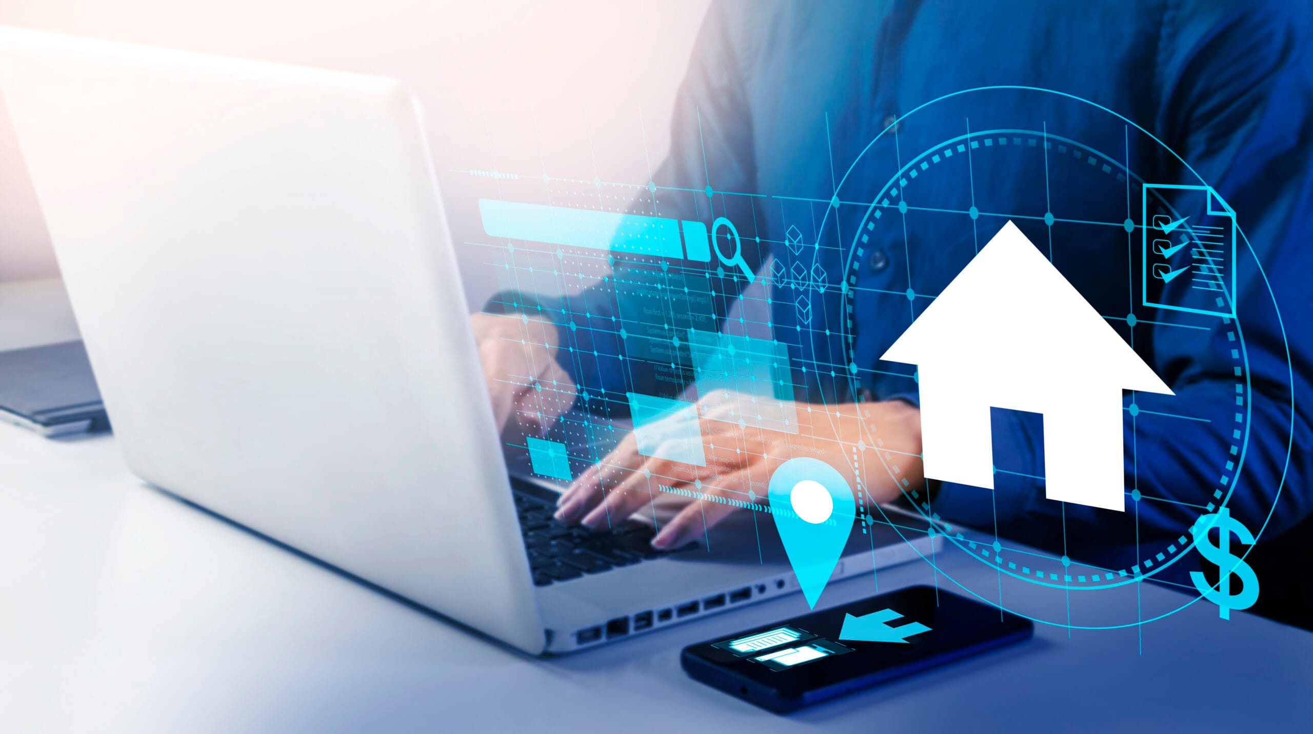 developer using laptop with digital real estate interface showing property search map and location pin