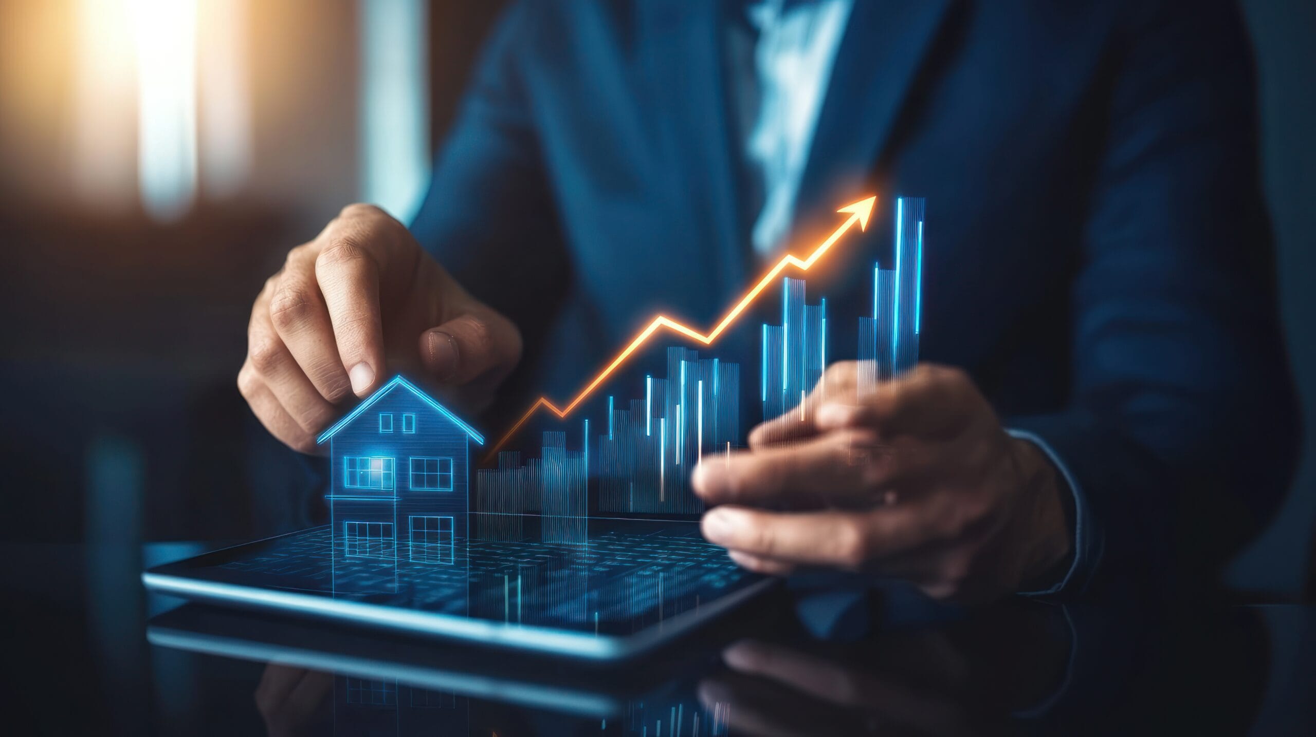 The Smartest Real Estate Investors Don't Wait: How Real-Time Property Market Insights Are Increasing Profits in 2026 4 real estate investor analyzing real-time property market insights on digital tablet with holographic growth chart