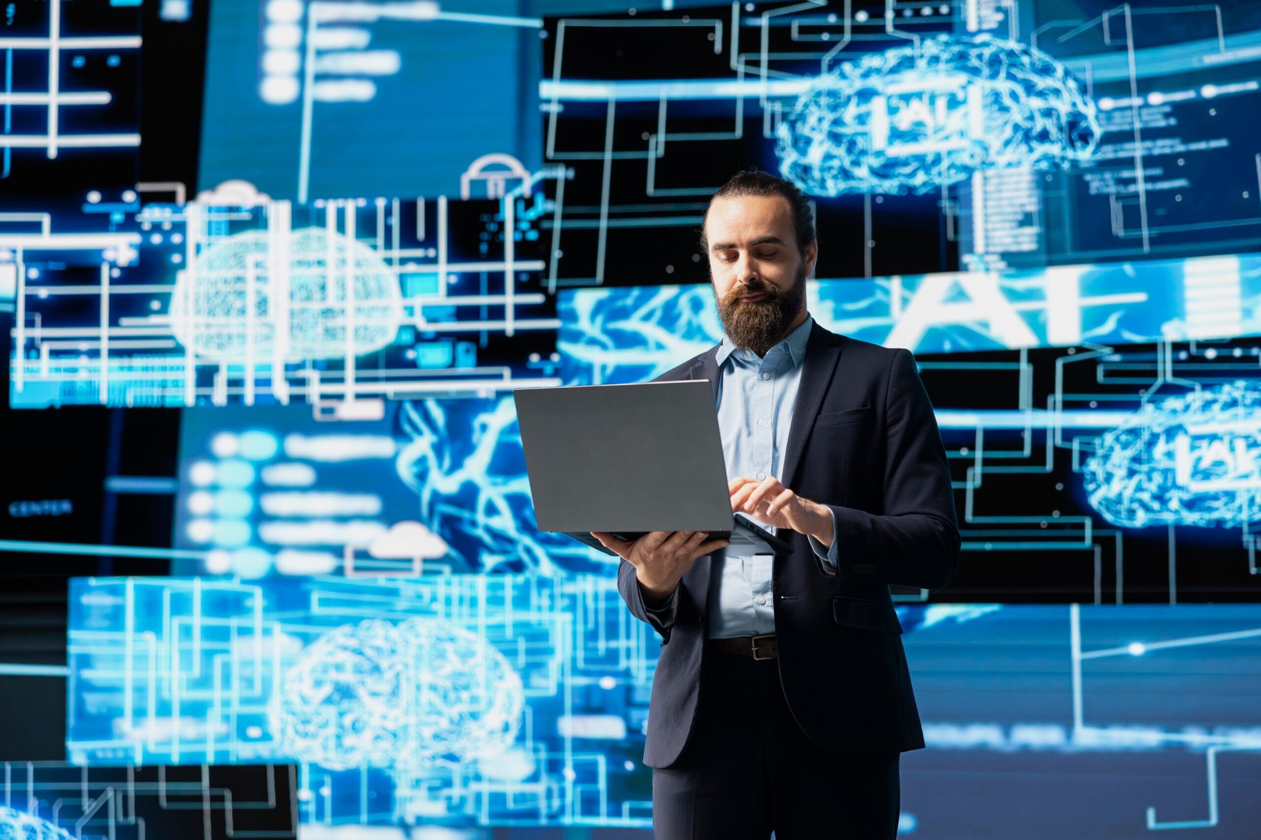 MLS Data Integration: 3 Best Methods Developers Use in 2026 3 IT developer reviewing real estate API data on a laptop in front of an AI technology display
