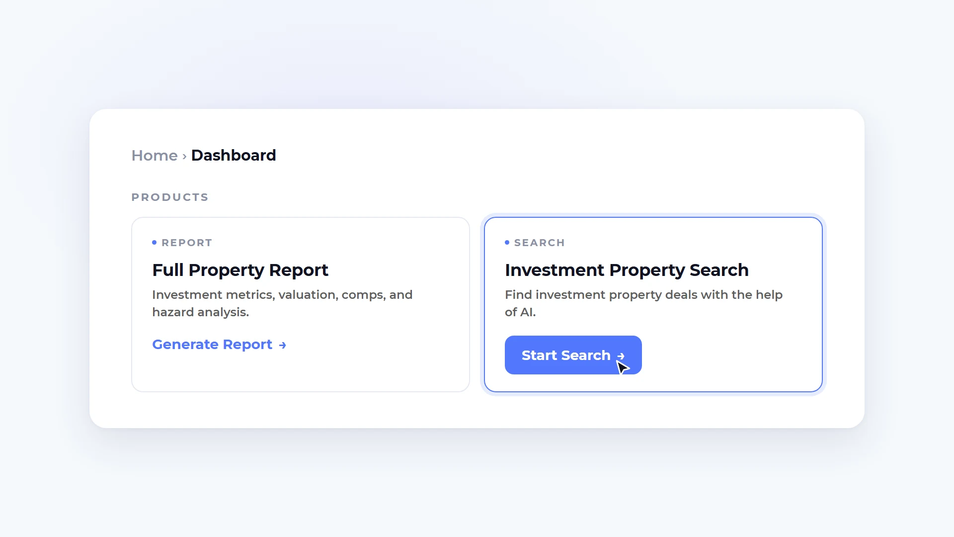 Step 1: start a new search from the Homesage.ai dashboard by opening Investment Property Search