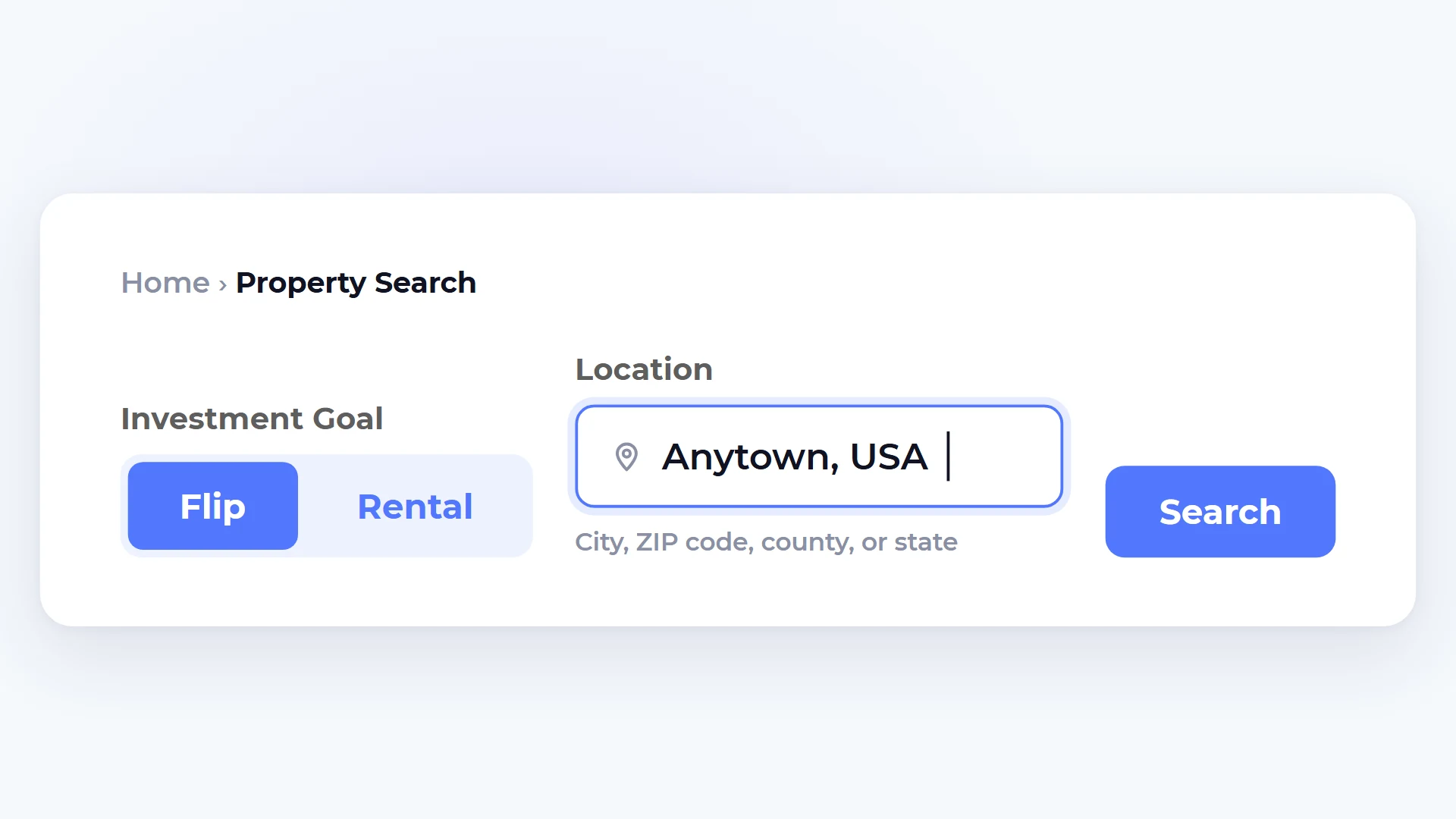 Step 2: enter your location in Homesage.ai Investment Property Search, with the investment goal set to Flip and the location field focused