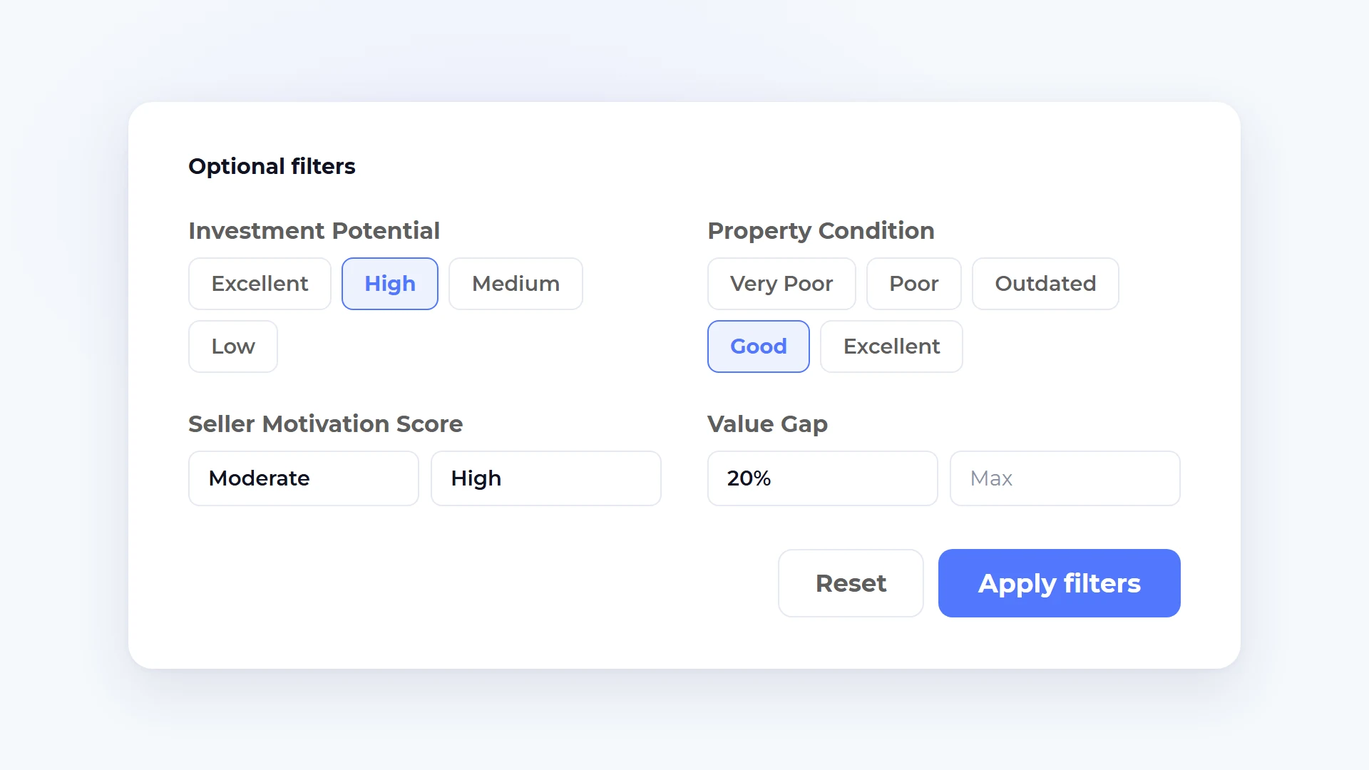 Step 3: add optional filters in Homesage.ai Investment Property Search, including investment potential, property condition, Seller Motivation Score, and value gap