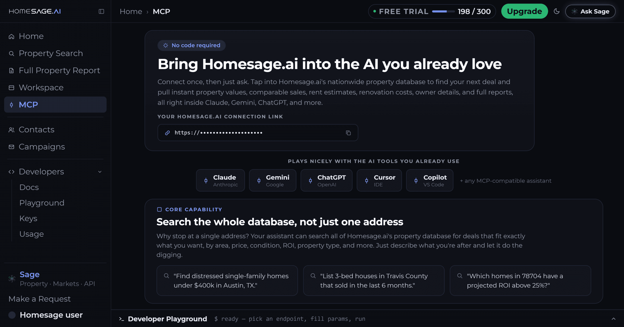 Connecting Homesage.ai to Claude, Gemini, ChatGPT, Cursor and Copilot through the MCP connector