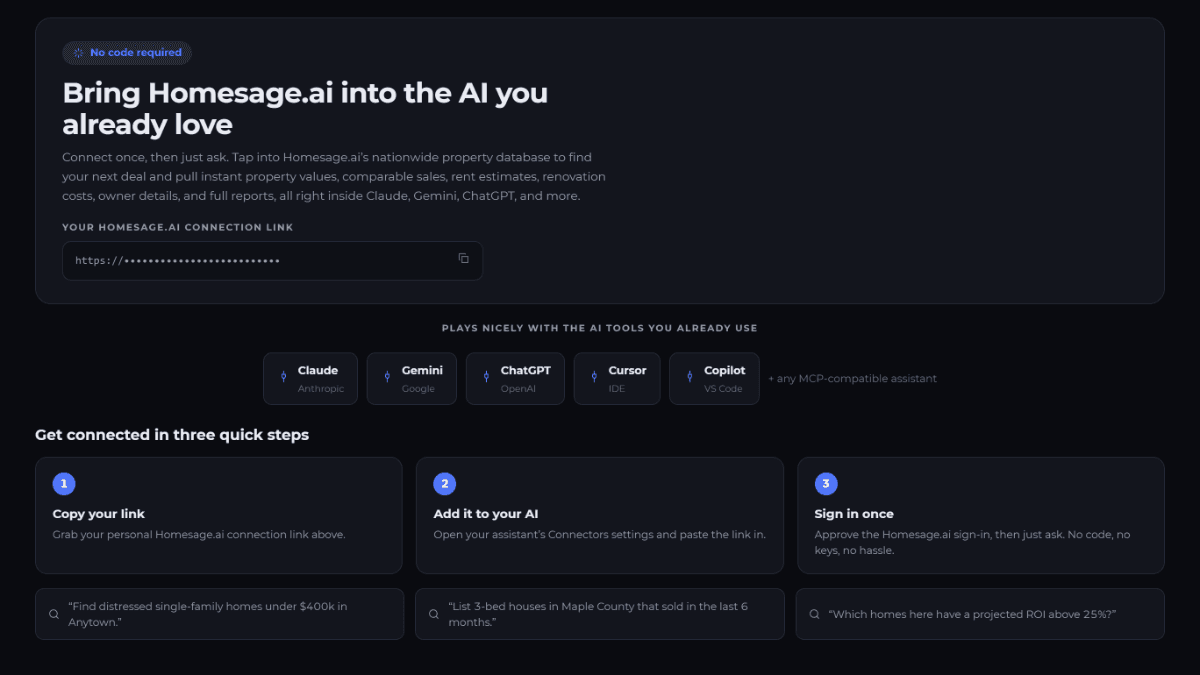 Connecting Homesage.ai to Claude, Gemini, ChatGPT, Cursor and Copilot through the MCP connector