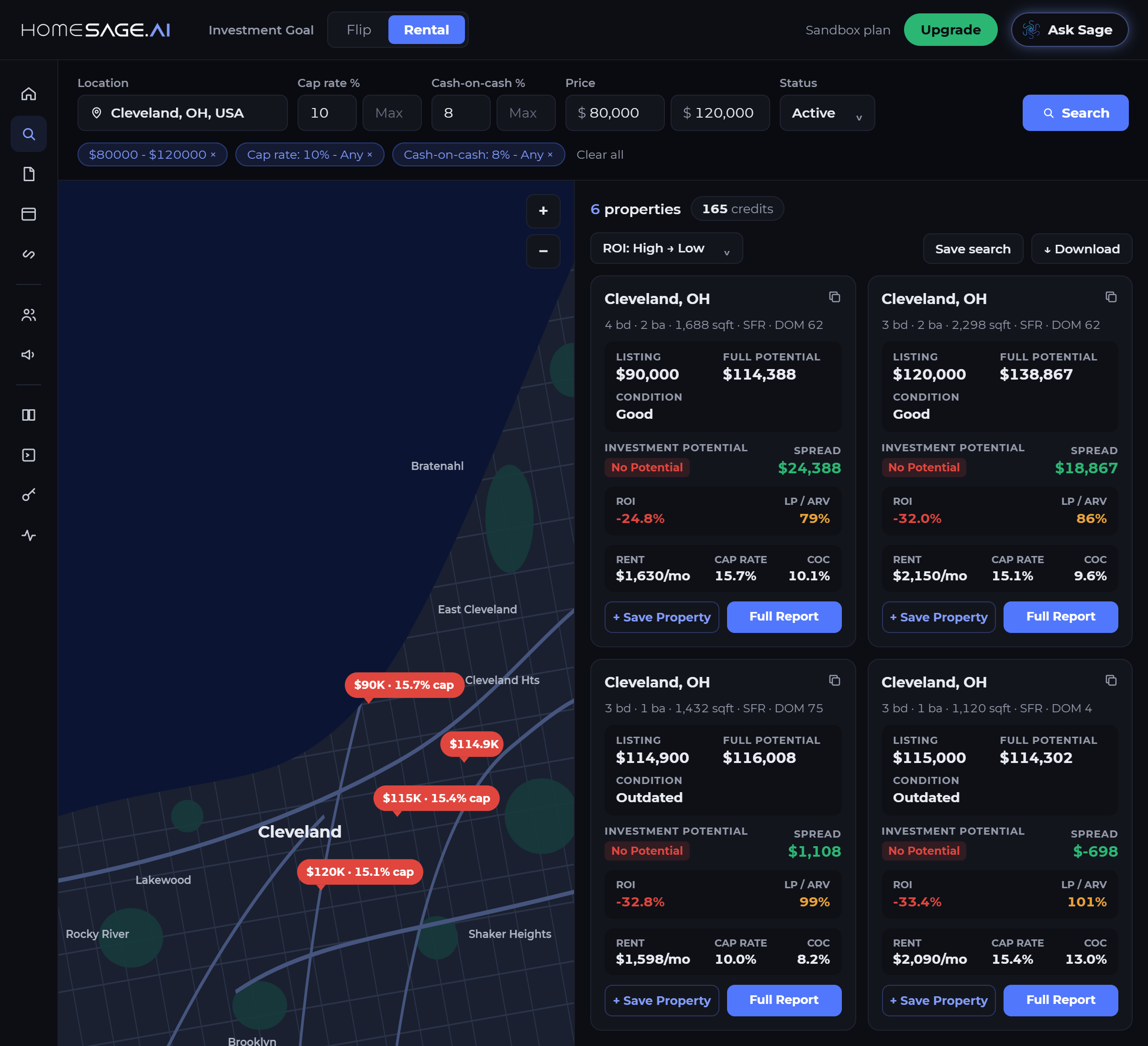 Homesage.ai Property Search results for Cleveland, each card showing condition, spread, rent and yield