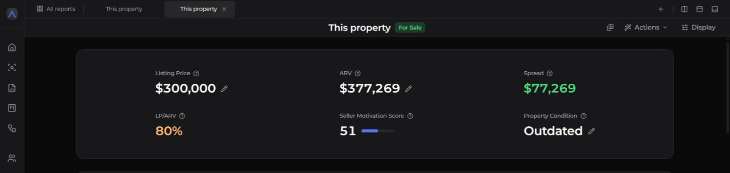 A Full Property Report showing listing price, estimated ARV, spread, Seller Motivation Score and property condition on one screen