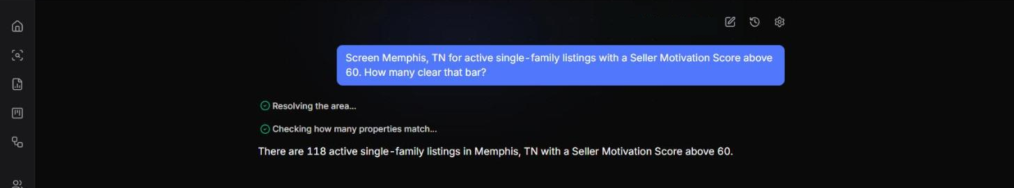 Sage screening a market for listings scoring above 60 on seller motivation and returning the count