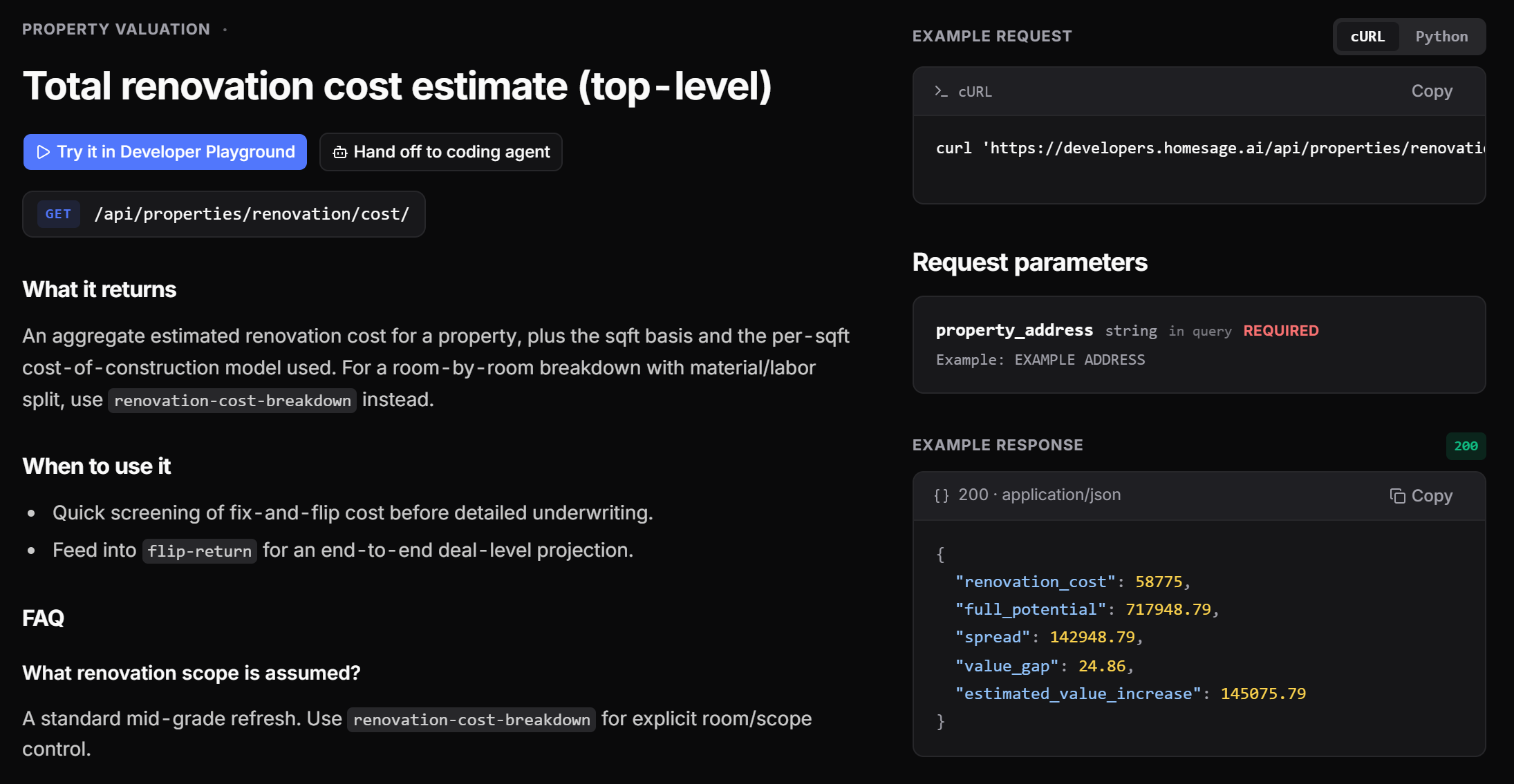 The Homesage.ai API reference for the estimated renovation cost endpoint, with an example request and a JSON response