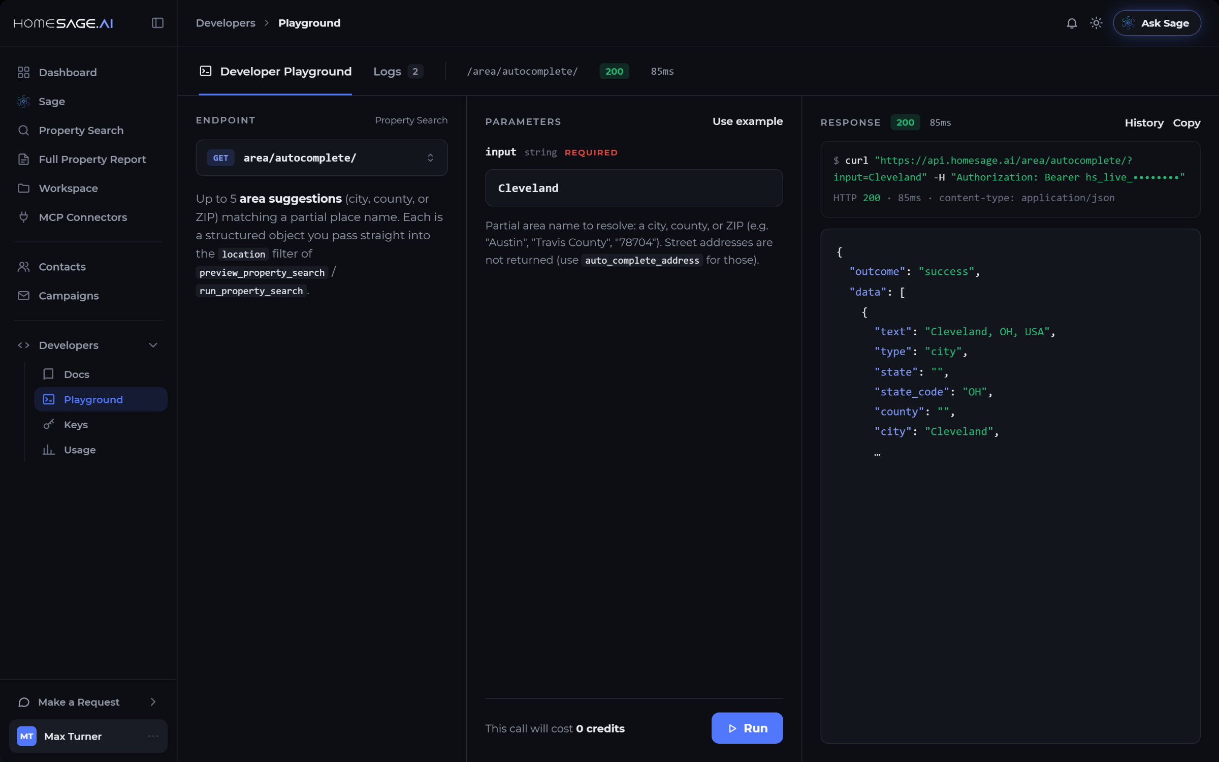 A live API call and its response, with the cost shown before it runs