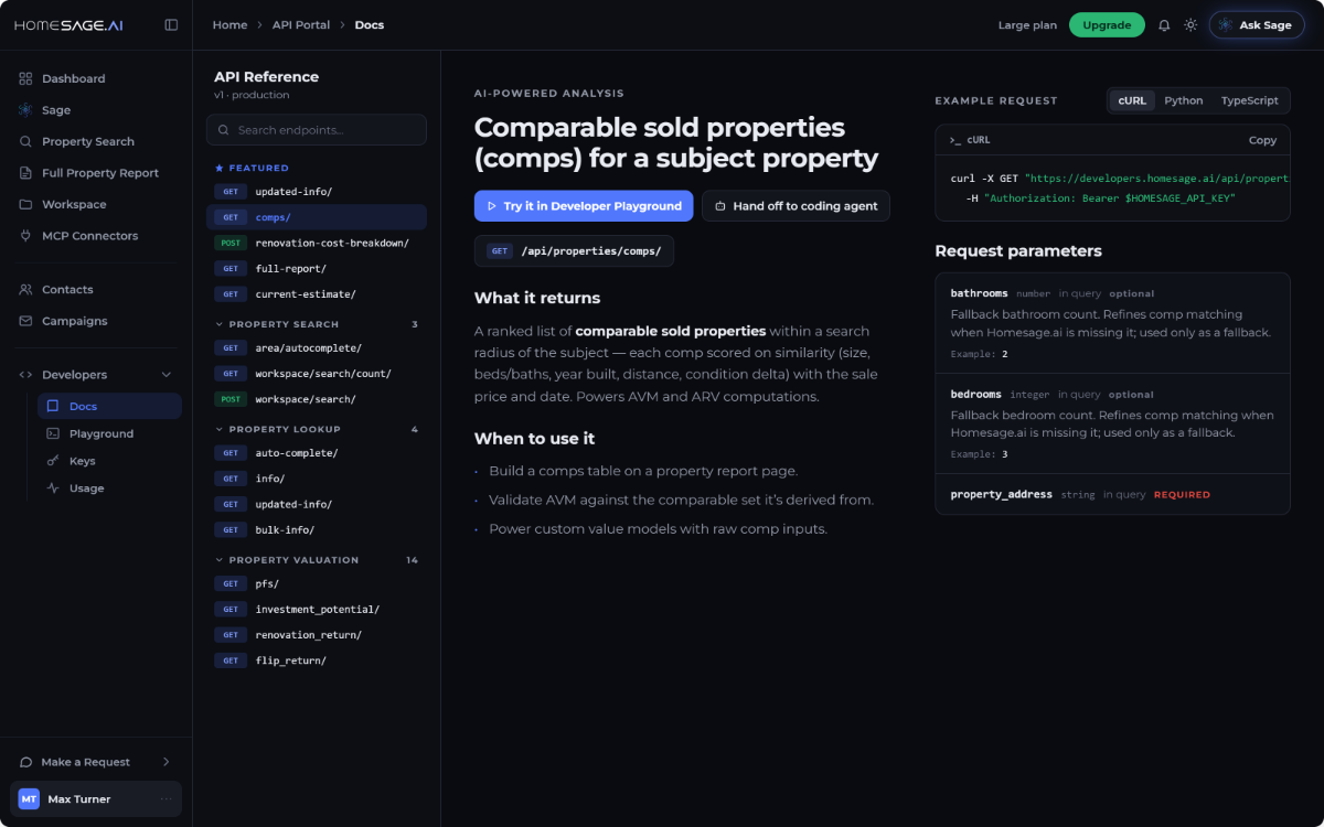 The Homesage.ai API reference for the comps endpoint, with an example request and its parameters