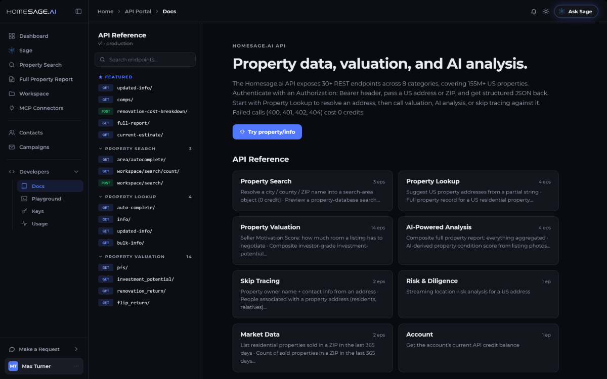 API reference showing the endpoint catalog by category