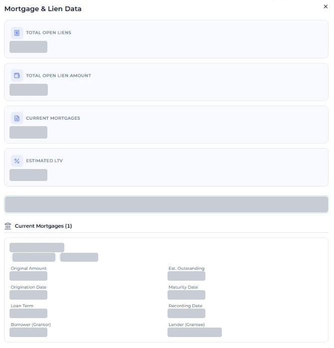 How do I check if a property has a lien? 3 Mortgage and Liens screening in a Homesage.ai Full Property Report, with every value hidden by grey bars
