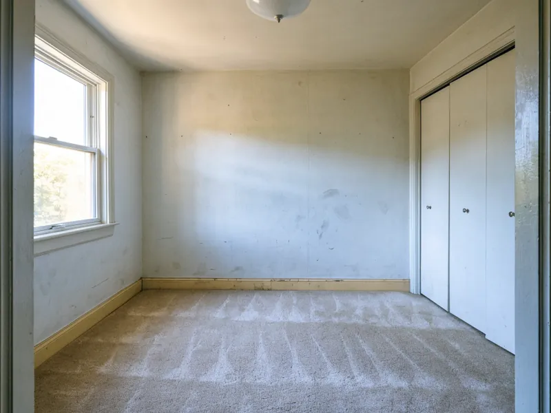 Bedroom with scuffed walls and stained carpet
