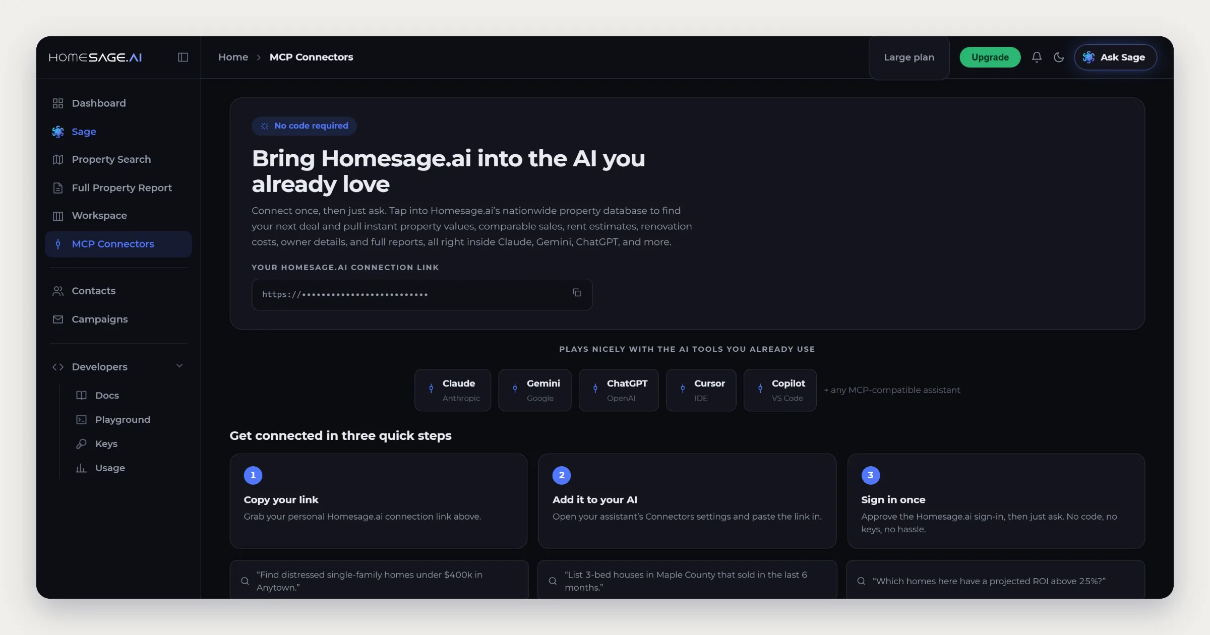 Connecting Homesage.ai to Claude, Gemini, ChatGPT, Cursor and Copilot through the MCP connector