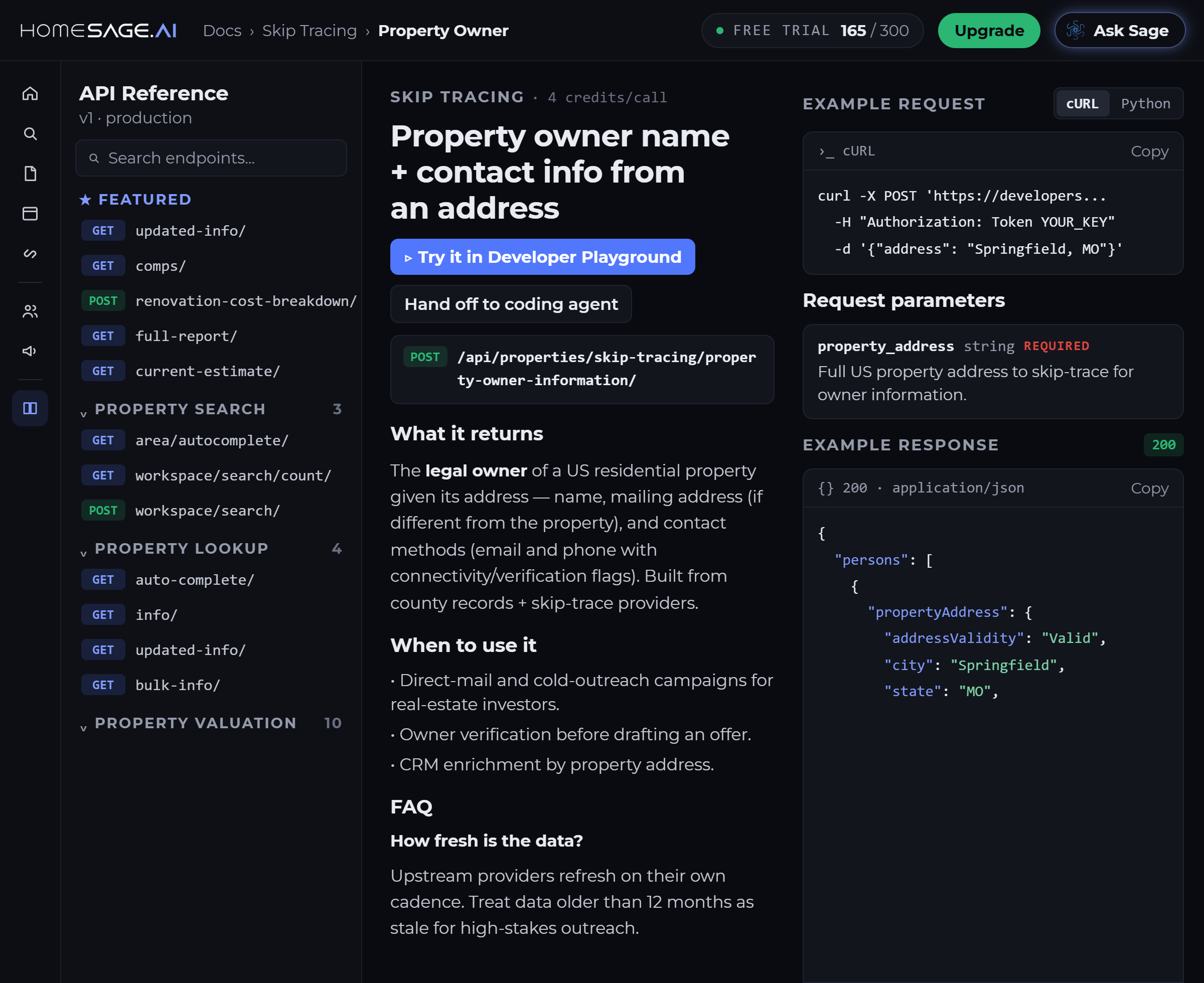 The Homesage.ai skip tracing API reference, showing the property owner endpoint at 4 credits a call